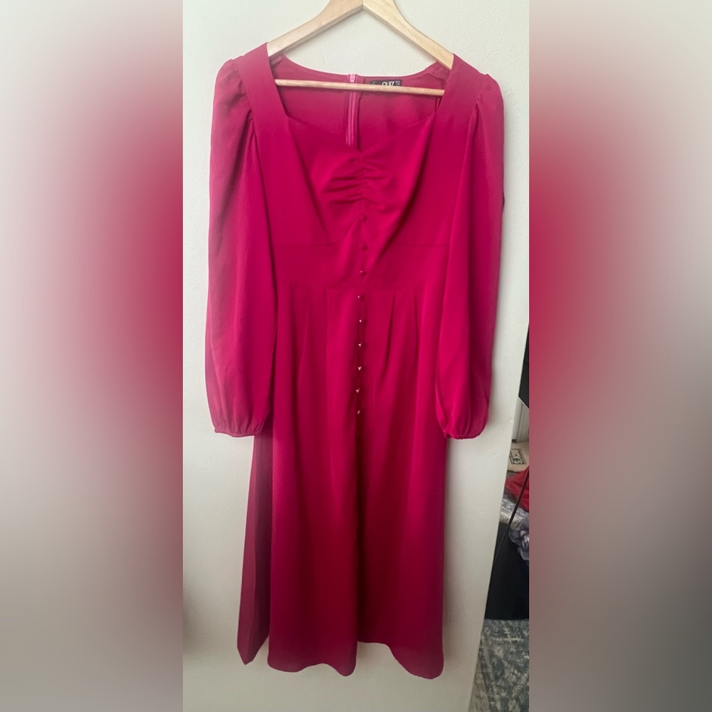 Midi Hot Pink Long Sleeve Dress